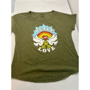 Soul Flower Peace Love Graphic Tee Womens Medium Green Rainbow Dove Boho USA